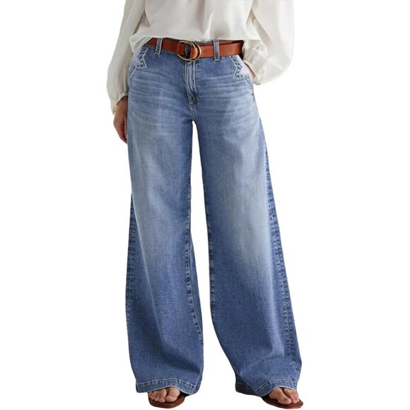 Stylish Loose-Fit Wide Leg Jeans with Stitch Decor - Medium Size for Women